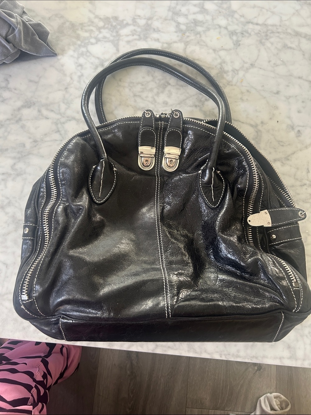 NWOT Large Vintage Rare Cynthia Rowley Black Genuine Leather Satchel Handbag